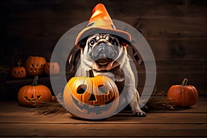 Cute pug dog in a hallowine suit. Generative AI