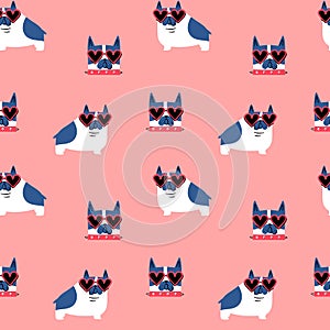 Cute pug dog heart sunglasses seamless pattern