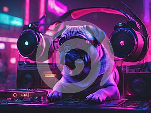 cute pug dog listening music with boombox cartoon, cyberpunk - generated by ai