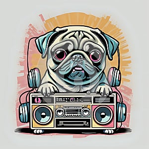 cute pug dog listening music with boombox cartoon - generated by ai