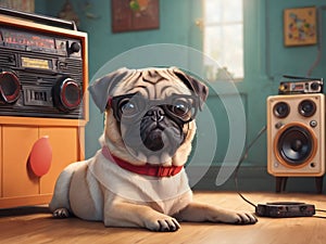 cute pug dog listening music with boombox cartoon-generated by ai