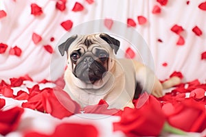 Cute pug dog lying on red rose petals background, Valentine\'s Day concept