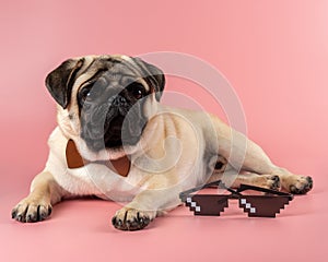 Cute Pug dog with Pixel glasses on pink background