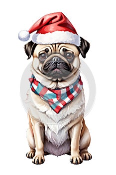 cute pug dog in santa hat on white background