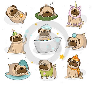 Cute pug dog set. Hand drawn pug stickers isolated on white back