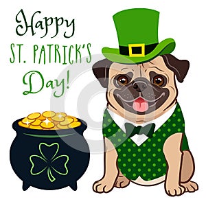 Cute pug dog in St. Patrick`s Day leprechaun costume: green top hat, vest and bow tie, pot of gold filled with coins, with