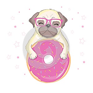 Cute pug dog vector flat character with red tongue and happy face on a blue background