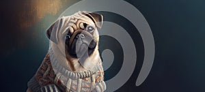 Cute pug dog in warm knitted sweater, panoramic layout.