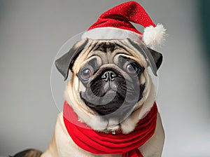 A cute pug dog wearing a Santa hat and scarf.