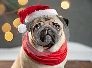 A cute pug dog wearing a Santa hat and scarf.