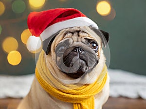 A cute pug dog wearing a Santa hat and scarf.