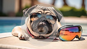 Cute pug, funny dog with sunglasses laying down near pool. Dog On Vacation. Concept of travel and summer vacation