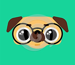 Cute Pug Glasses face. nice dog. Pet vector illustration