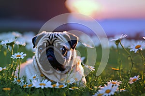 Cute pug on green lawn with daisies at sunset. Sweet wrinkled dog on walk on green grass with wild flowers, chamomiles