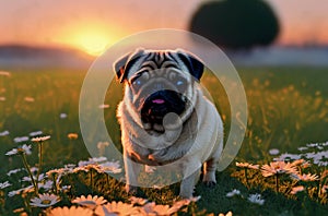 Cute pug on green lawn with daisies at sunset. Sweet wrinkled dog on walk on green grass with wild flowers, chamomiles