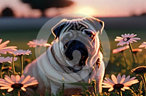 Cute pug on green lawn with daisies at sunset. Sweet wrinkled dog on walk on green grass with wild flowers, chamomiles