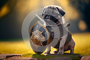 Cute pug knight character concept with sword and shield in ancient ages Generative AI