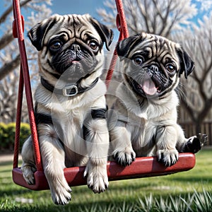 Cute pug puppies ride on a swing on a nature bg