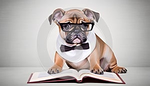 Cute PUG puppy with book about bedtime stories