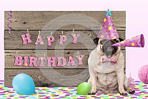 Cute pug puppy dog with pink party hat and horn and wooden sign with text happy birthday