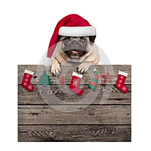 Cute pug puppy dog wearing santa hat hanging with paws old wooden sign with Christmas decoration,