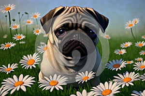 Cute pug puppy on green lawn with daisies. Sweet dog on green grass with wild flowers, chamomiles. Generative AI.