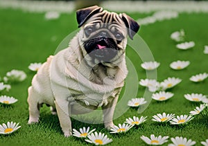 Cute pug puppy on green lawn with daisies. Sweet dog on green grass with wild flowers, chamomiles. Generative AI.