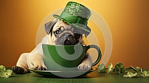 a cute pug puppy inside a mug wearing a leprechaun hat, in a minimalist modern style, focusing on the charm and whimsy