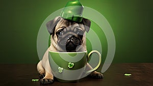 a cute pug puppy inside a mug wearing a leprechaun hat, in a minimalist modern style, focusing on the charm and whimsy