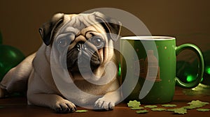 a cute pug puppy inside a mug wearing a leprechaun hat, in a minimalist modern style, focusing on the charm and whimsy