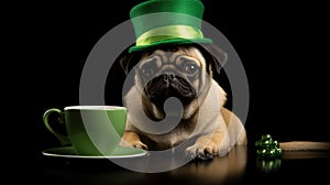 a cute pug puppy inside a mug wearing a leprechaun hat, in a minimalist modern style, focusing on the charm and whimsy