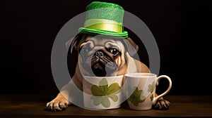 a cute pug puppy inside a mug wearing a leprechaun hat, in a minimalist modern style, focusing on the charm and whimsy