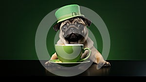 a cute pug puppy inside a mug wearing a leprechaun hat, in a minimalist modern style, focusing on the charm and whimsy