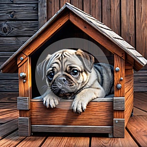 Cute pug puppy in a small wooden dog house