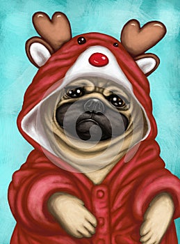Cute pug in a red deer costume  raster illustration with the effect of acrylic paints  stock drawing for design and decor  banner