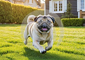 A cute pug running on the lawn outside a beautiful house. A sunny spring day.