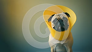 A cute pug wearing protective collar, copy space for text. Generative ai