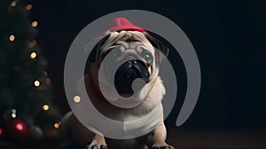 A cute pug wearing a Santa hat and sitting next to a Chri one generative AI