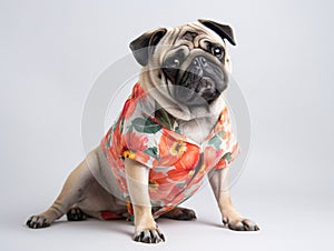 Cute Pug wearing a Summer vibe shirt with orange green color -studio white background portrait