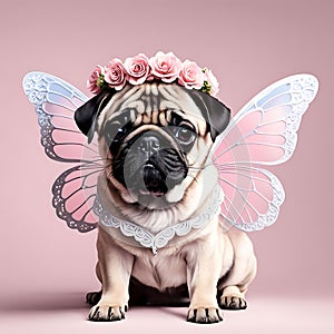 Cute pug in a wreath of pink flowers on his head and butterfly wings