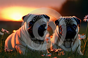 Cute pugs on green lawn with daisies at sunset. Sweet wrinkled dogs on walk on green grass with wild flowers, chamomiles