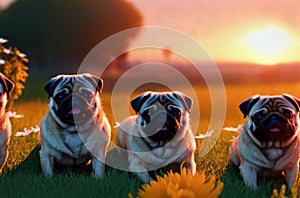 Cute pugs on green lawn with daisies at sunset. Sweet wrinkled dogs on walk on green grass with wild flowers, chamomiles