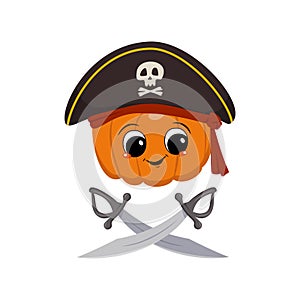 Cute pumpkin character with happy emotions, face, big eyes and wide smile in captain cocked hat and crossed sabers