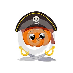 Cute pumpkin character with happy emotions, face, big hearts eyes falls in love, kiss lips in captain cocked hat