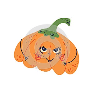 Cute Pumpkin with Funny Face, Adorable Vegetable Cartoon Character Vector Illustration