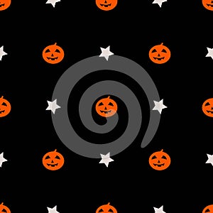 Cute pumpkin halloween pattern with stars on black background