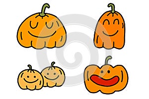 Cute pumpkin set. Cartoon doodle character collection isolated on white background. Vector illustration. Concept of Halloween
