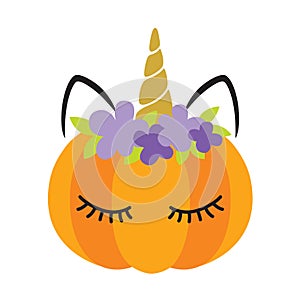 Cute pumpkin with unicorn face vector illustration.