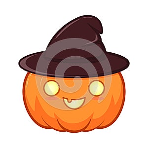 Cute pumpkin with witch hat and burning eyes