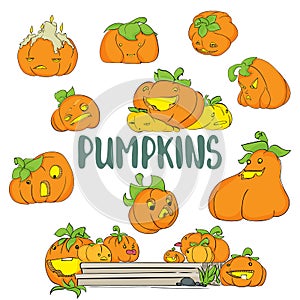 Cute pumpkins character set. Halloween party hand drawn lettering and sketch. Fun colorful brush ink typography greeting